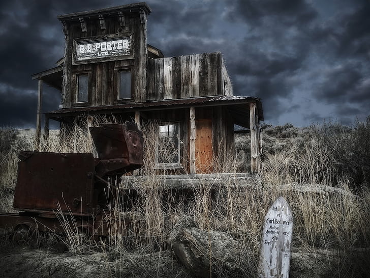 A wooden haunted house with dark sky in California