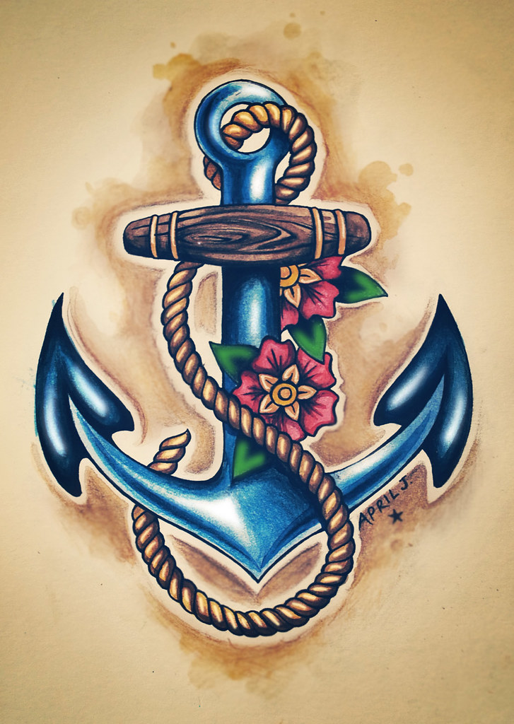 Hawaii Inspired anchor tattoo with flowers and memorable date