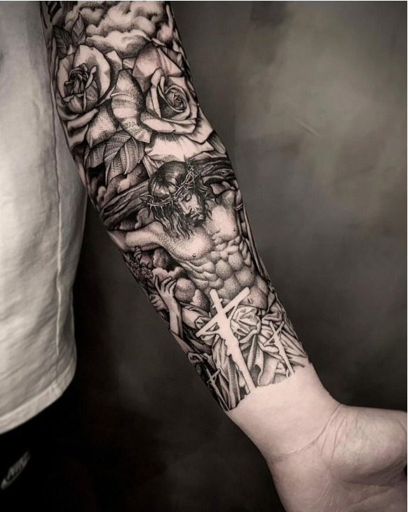 rose themed Jesus Forearm tattoo