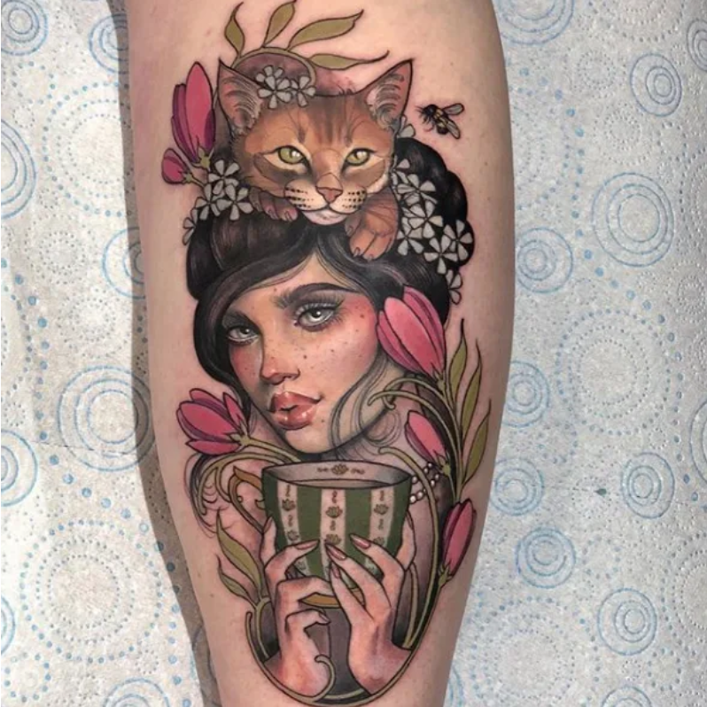 CAT AND GIRL FACE TATTOO