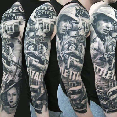 full sleeves gangster themed tattoos for male