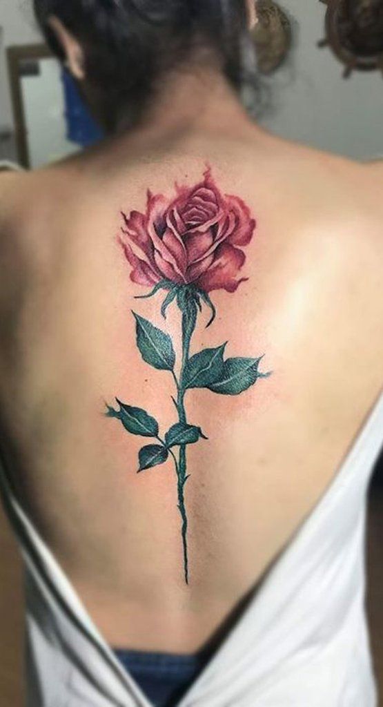 Red rose with leaves Spine Tattoo for Women
